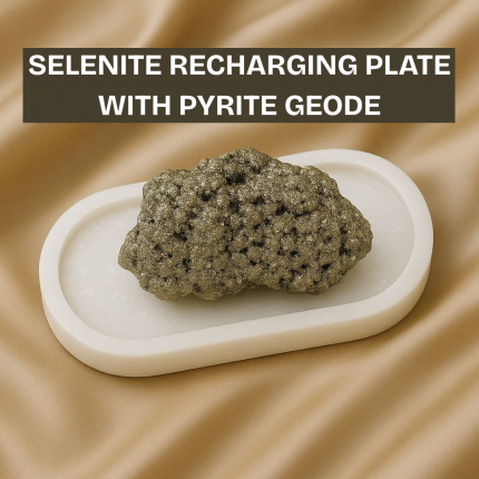 Selenite Recharging Plate with Pyrite Geode| Selenite Plate with Pyrite